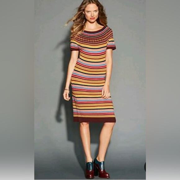 Tommy Hilfiger Fair Isle Alpaca Wool Blend Striped Short Sleeve Sweater Dress XL - Picture 1 of 11